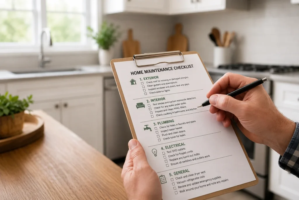 Homeowner reviewing a home maintenance checklist before preparing a property for sale