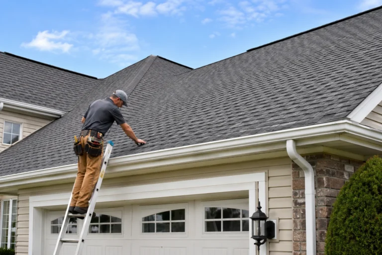 Roofing contractor inspecting shingles during a preventive roof maintenance check