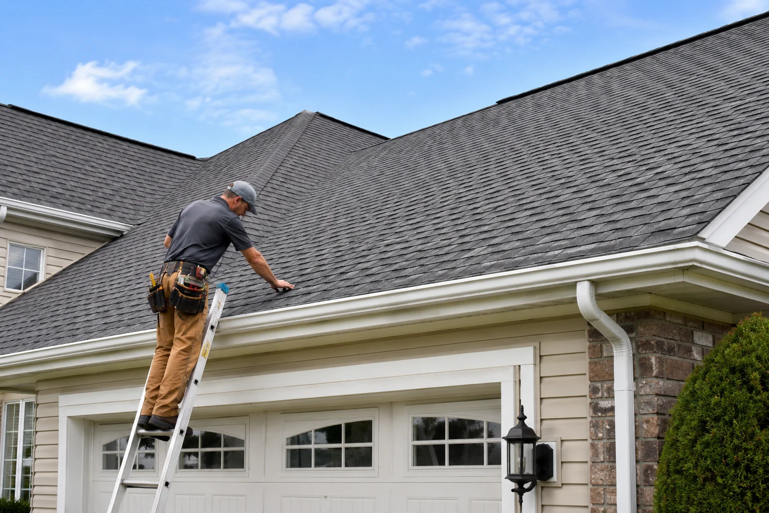 Roofing contractor inspecting shingles during a preventive roof maintenance check