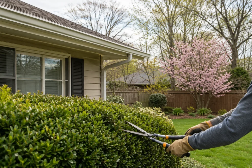 Homeowner performing spring landscaping and gutter maintenance as part of seasonal property care