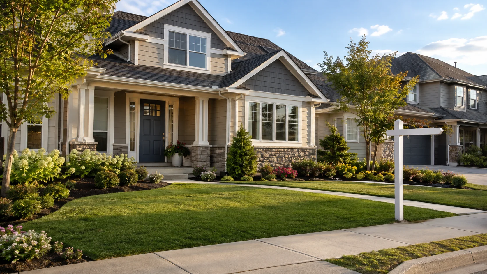 A well-maintained home exterior with a For Sale sign, showing strong curb appeal before listing.