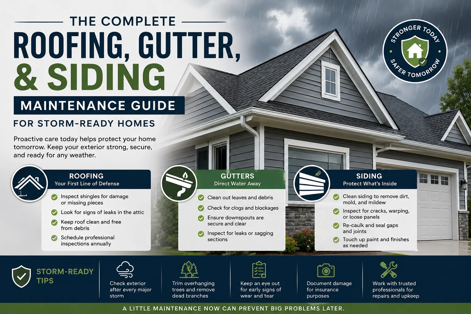 Roofing, gutter, and siding maintenance guide infographic with checklists and storm-ready home care tips